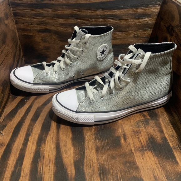converse  chuck taylor Allstar high top Silver sequins Unisex Kids ‎ Size 6.5 - Picture 1 of 7